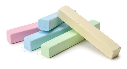 Assorted pastel colored chalk sticks for drawing, education, and creative projects on white background