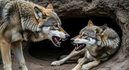 Two Gray Wolves Snarling Each