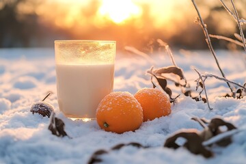 Golden Sunset Glass of Milk and Oranges Covered in Snow, Winter Still Life