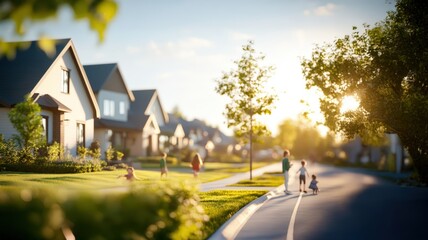 Children enjoying outdoor play in warm suburban neighborhood street, surrounded by green grass, trees, and lovely homes, reflecting idyllic summer carefree childhood.