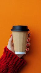 Hand Holding Paper Coffee Cup with Red Sweater Sleeve on Orange Background