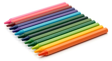 Fototapeta premium Vibrant Rainbow Spectrum of Wax Crayons on White Background, Art Supplies for Creativity and Education