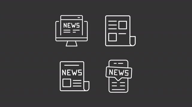 Online news animation set. Modern journalism animated white line icons. Social media, free newspaper. Digital press, communication. Isolated elements on dark background. Alpha channel HD video