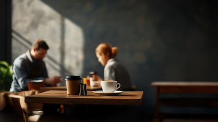 Stylish modern cafe interior bathed in soft warm lighting featuring ceramic latte cup on wooden table in foreground creating cozy atmosphere for daily leisure breaks and perfect lifestyle moment