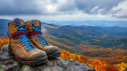 Hiking boots detailed view standing on the rock cliff with mountain forest scenery