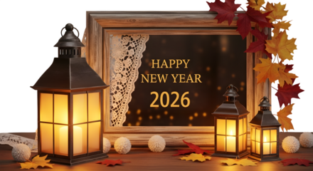 Happy new year 2026 decoration with lanterns