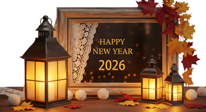 Happy new year 2026 decoration with lanterns