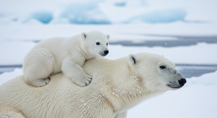 Fototapeta premium A polar bear cub sitting on top of its