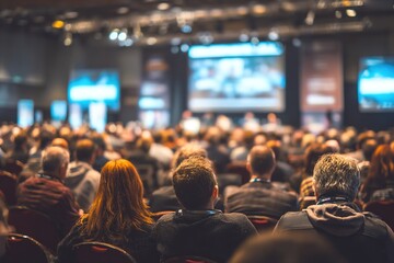 Back view of audience in the conference hall or seminar meeting with large media screen showing video presentation, business and education concept. High quality