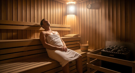 Peaceful sauna relaxation with man wrapped in towel traditional wooden steam room wellness therapy luxurious spa treatment with Finnish health elements 55960189 1
