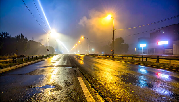 Atmospheric view of a deserted, wet street at night, its slick, rain-covered asphalt reflecting luminous city lights through fog