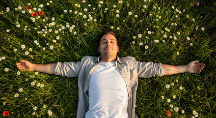 Peaceful man lying nature tranquil field top view carefree freedom serene meadow grass summer life relaxing cheerful joyful blissful carefree restful 29223772 1