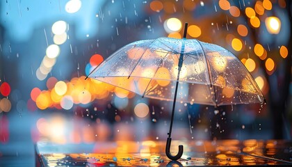 雨の夜に濡れた地面と透明な傘が映える幻想的なコピースペース 4kリアリスティック