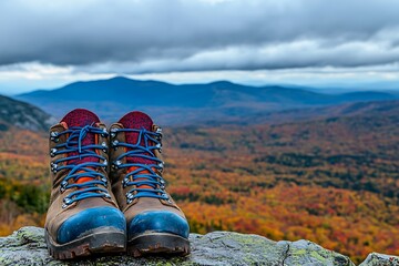 Leather Hiking Boots on Mossy Rock Overlooking Blurred Autumn Forest in Overcast Weather