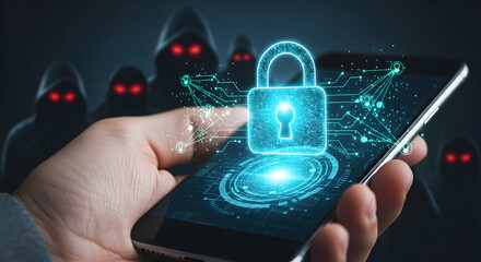 A hand holding a mobile phone a futuristic cyber security concept with digital padlock protecting data from hacker threats 34799496 1