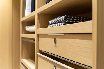 Light Oak Closet with Drawers and Folded Towels, Modern Storage Solution