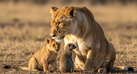 Naklejka premium Lioness and her cubs sitting together