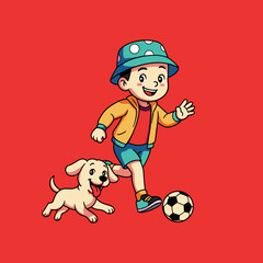 Illustration of a child playing ball with his pet dog