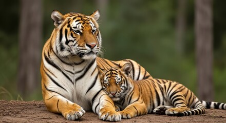 Fototapeta premium A large tiger and a smaller tiger cub