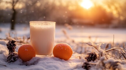 Milk Glass, Oranges and Pine Cones on Snow, Sunset in the Winter