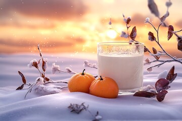 Milk in Glass, Tangerines, and SnowCovered Branches Against a Winter Sunset Still Life Composition