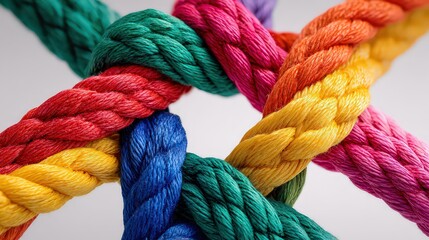 Intertwined Colorful Ropes Macro Shot on White Surface Showcasing Multicolored Strands Twisted Together in a Complex Pattern with Bright and Vibrant Tones
