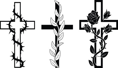 Vector Christian Cross Set with Thorns, Rose Vines, and Leaves, Black and White Religious Symbolism Graphic © Billal