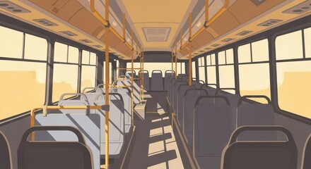 Interior view of an empty public transit vehicle showing rows of seating and overhead rails