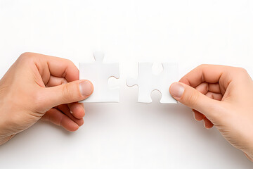 Hands holding two white puzzle pieces isolated