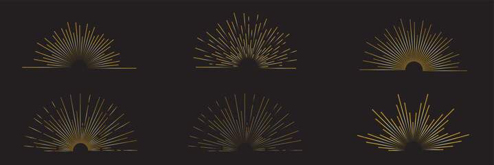 Vintage sunburst collection. Retro gold Sun burst shapes. Bursting golden sun rays. Vintage light starburst labels, badges, Fireworks, Logotype or lettering design element. Radial sunset beams. EPS 10