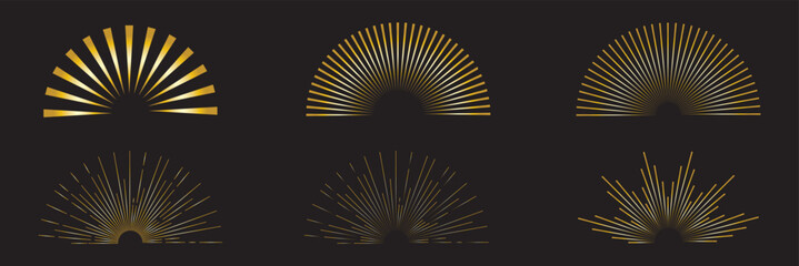 Vintage sunburst collection. Retro gold Sun burst shapes. Bursting golden sun rays. Vintage light starburst labels, badges, Fireworks, Logotype or lettering design element. Radial sunset beams. EPS 10