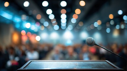 Blurred background of a speaker's podium at a professional conference. High quality