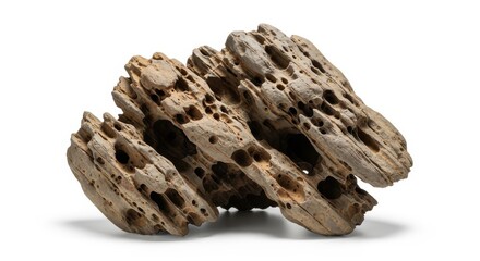 Intriguing display of three pieces of honeycombed petrified wood against a bright white backdrop