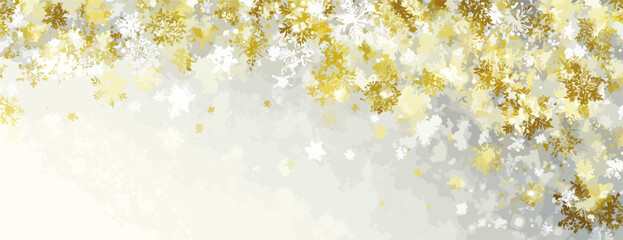 Glitzernde goldene und wei&szlig;e Schneeflocken-Partikel schweben auf einem hellen Hintergrund, Vektor-Illustration