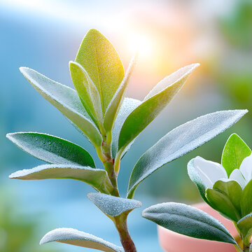 A realistic macro photo of a fresh green plant covered in morning dew. Symbolizing a natural source of sulfur (MSM).