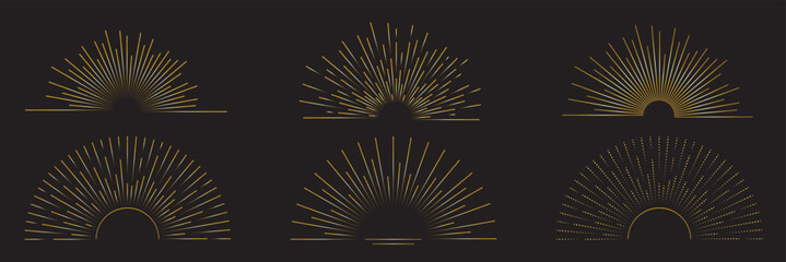 Vintage sunburst collection. Retro gold Sun burst shapes. Bursting golden sun rays. Vintage light starburst labels, badges, Fireworks, Logotype or lettering design element. Radial sunset beams. EPS 10