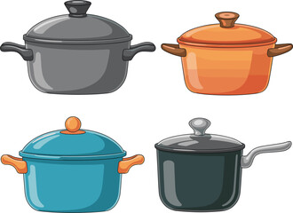 Vector Cooking Pot and Saucepan Set, Kitchen Utensil, Casserole, Lid, Colored Cookware, and Home Cooking Graphic