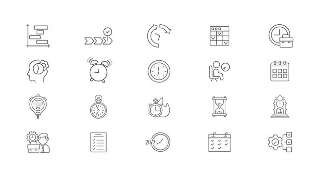 Time management line animation set. Planning and controlling tasks methods animated icons. Productivity improvement strategy. Outline elements on white background. HD video with alpha channel