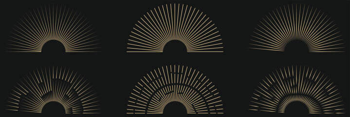 Vintage sunburst collection. Bursting sun rays. Fireworks. Logotype or lettering design element. Radial sunset beams. Vector illustration. Black and Gold Vintage sunburst. Best Collection. EPS 10.