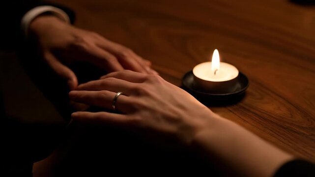 Burning candle on a wood table, soft light from candle flame