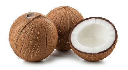 Whole and Halved Coconuts on White Background, Tropical fruit, Whole coconut, Coconut half