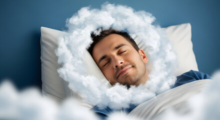 White clouds around the head of a man resting on a pillow on a blue wall. Male person comfortable sweet dreams night relaxation asleep peaceful tranquil 74202792 1