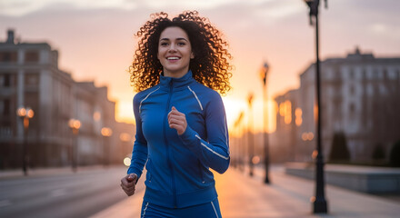 A beautiful young woman or girl with curly brunette hair jogging early in the morning sunrise city streets wearing a blue sport tracksuit joyful and happy living a healthy and active life 83522111 1