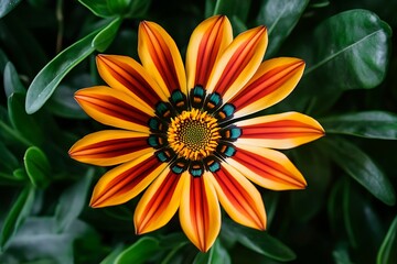 Radiating Gazania Flower Showing Striped Petals and Distinctive Center on green leaves