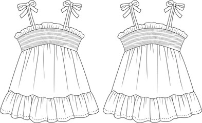 Technical Drawing Vector of Shirred Ruffle Camisole, Fashion Flat Sketch, Smocked Top, and Tie Shoulder Straps