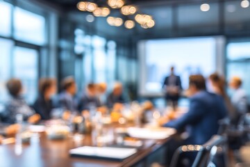 Blur office meeting blurred background with business people working group in boardroom discussion, executive seminar or professional training in enterprise. High quality