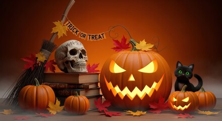 Spooky Halloween Scene with Jack-o'-lantern, Black Cat, and Skull, Jack-o-lantern, Carved pumpkin, Scary