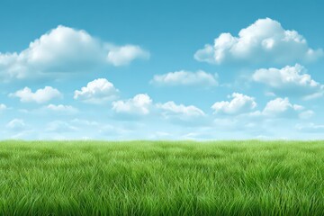 Vibrant Green Field Under a Bright Blue Sky with Fluffy White Clouds