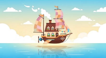 Whimsical flying house boat sails across a bright, sunny ocean horizon