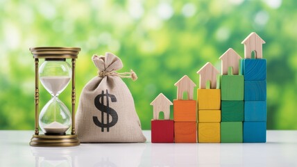 A vintage hourglass with sand flowing, symbolizing time and urgency a burlap money bag with a black dollar sign printed on it, representing finance and savings and a stack of colorful wooden blocks.